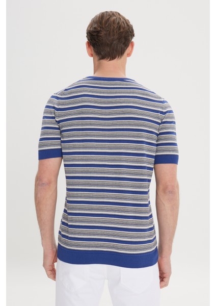 ALTINYILDIZ CLASSICS Erkek SAKS BEJ Standart Fit Normal Kesim Bisiklet Yaka %100 Pamuk Çizgili Triko Tişört indirimleri