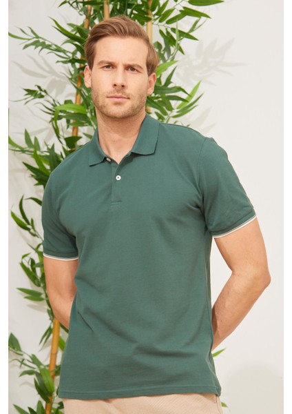 Erkek Intersiye Yaka Detaylı Pamuklu Polo Yaka tişört Haki