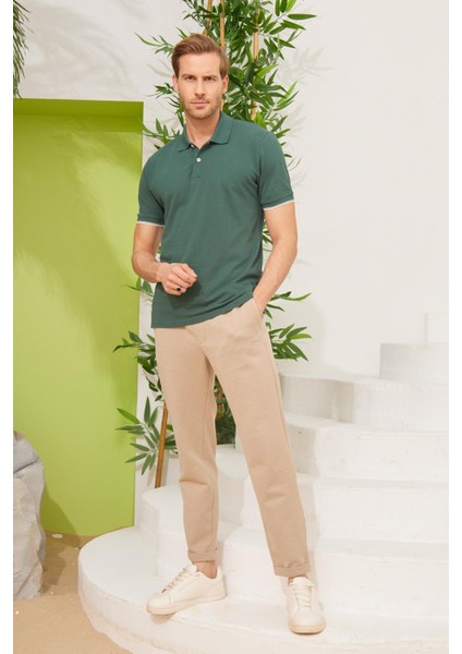 Erkek Intersiye Yaka Detaylı Pamuklu Polo Yaka tişört Haki fiyatları