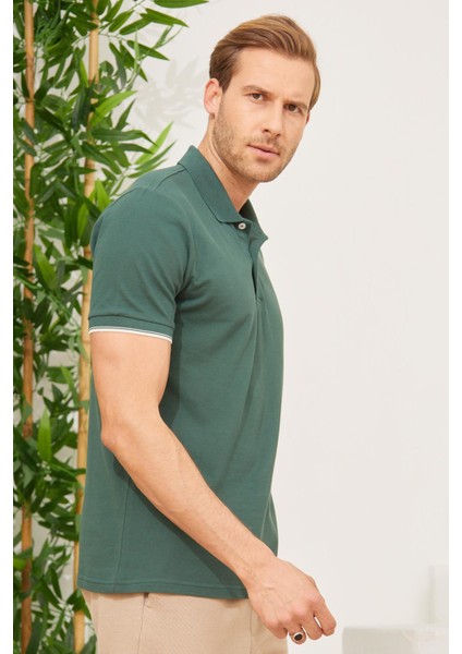 Erkek Intersiye Yaka Detaylı Pamuklu Polo Yaka tişört Haki modelleri