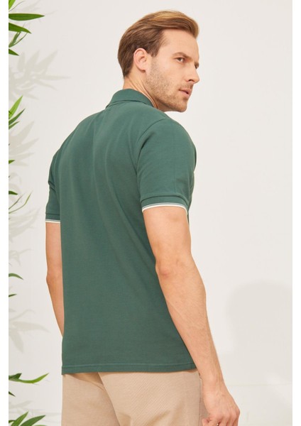 Erkek Intersiye Yaka Detaylı Pamuklu Polo Yaka tişört Haki fırsatları