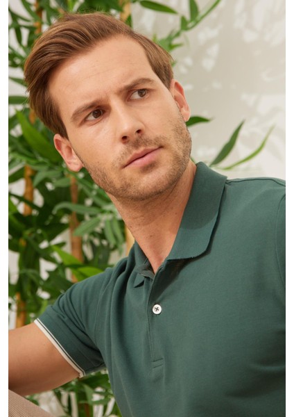 Erkek Intersiye Yaka Detaylı Pamuklu Polo Yaka tişört Haki indirimleri