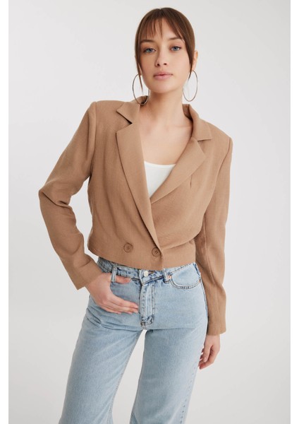 Çift Düğme Viskon Keten Crop Ceket