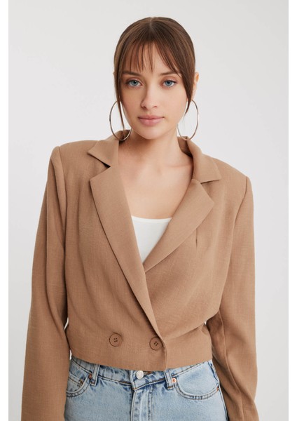 Çift Düğme Viskon Keten Crop Ceket modelleri