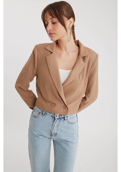 Çift Düğme Viskon Keten Crop Ceket indirimleri