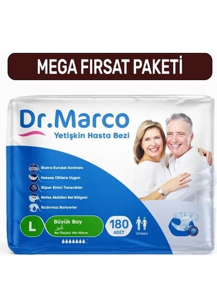 Dr. Marco Yetişkin Hasta Bezi L Büyük Boy 100-150 cm 6 Paket 180 Adet