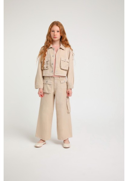 3'lü Pantolon Cep Detay Kız Çocuk Ceketli Takım