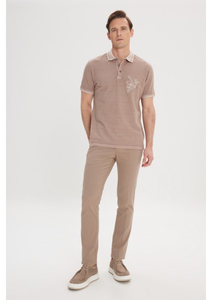 ALTINYILDIZ CLASSICS Erkek Koyu Bej Slim Fit Dar Kesim %100 Pamuk Baskılı Polo Yaka Tişört