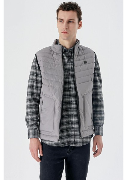 Gri Dik Yaka Dolumlu Casual Şişme Yelek 1009235152
