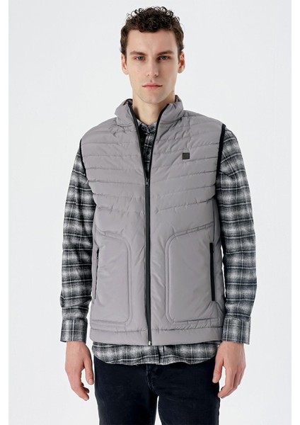 Gri Dik Yaka Dolumlu Casual Şişme Yelek 1009235152