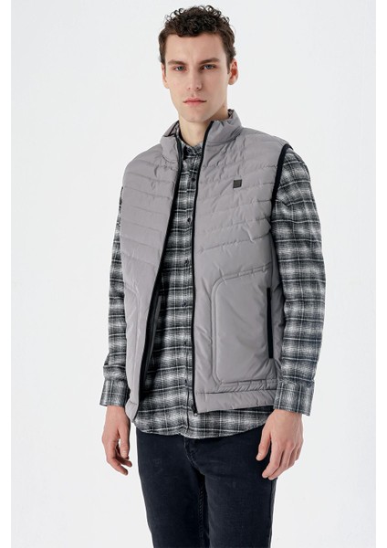 Gri Dik Yaka Dolumlu Casual Şişme Yelek 1009235152