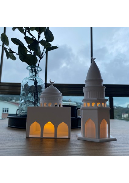 Root Made Mescit ve Minare Şeklinde Tealight Mum Aydınlatmalı Islami Dekoratif Obje