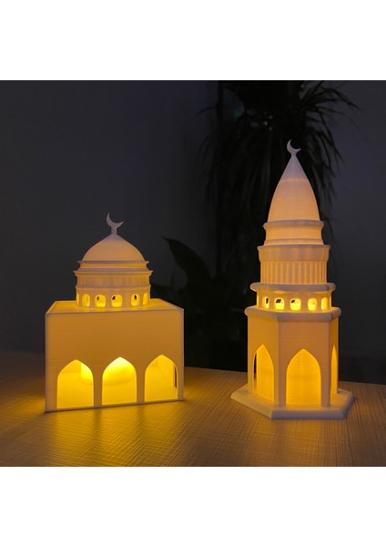 Root Made Mescit ve Minare Şeklinde Tealight Mum Aydınlatmalı Islami Dekoratif Obje