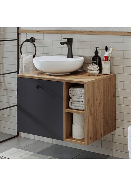 Ayaksız Lavabolu Mdflam 65 cm Çekmeceli Banyo Dolabı