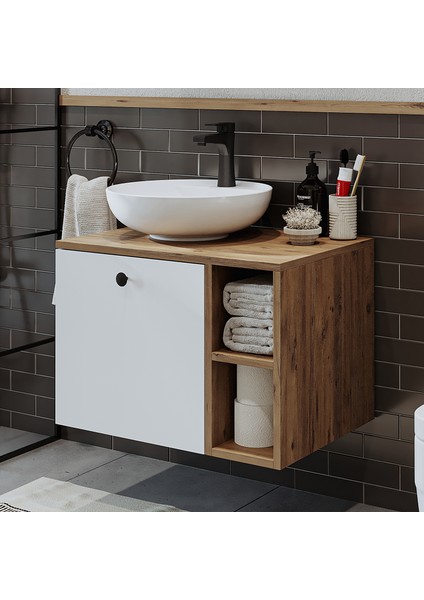 Ayaksız Lavabolu Mdflam 65 cm Çekmeceli Banyo Dolabı