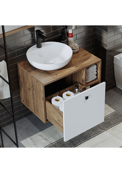 Ayaksız Lavabolu Mdflam 65 cm Çekmeceli Banyo Dolabı