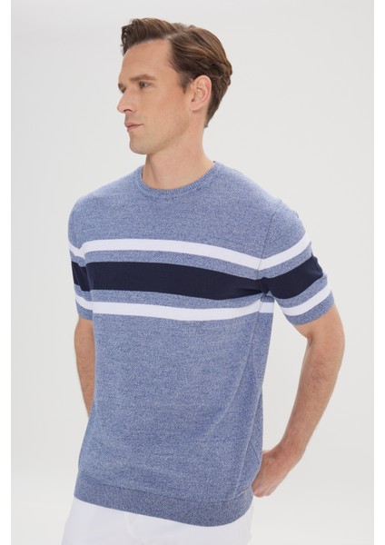 ALTINYILDIZ CLASSICS Erkek İndigo-Lacivert Standart Fit Normal Kesim %100 Pamuk Çizgili Bisiklet Yaka Triko Tişört