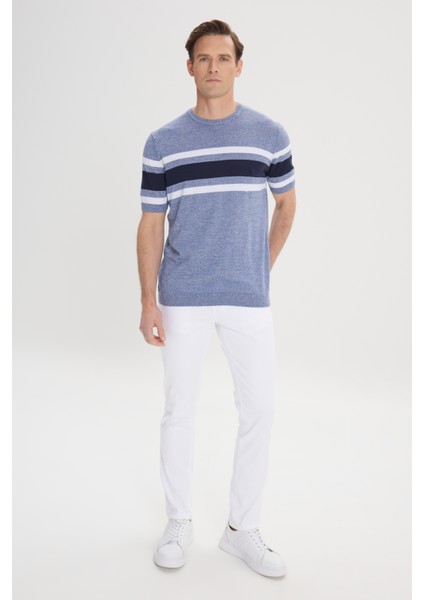 ALTINYILDIZ CLASSICS Erkek İndigo-Lacivert Standart Fit Normal Kesim %100 Pamuk Çizgili Bisiklet Yaka Triko Tişört fiyatları