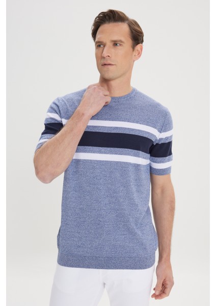ALTINYILDIZ CLASSICS Erkek İndigo-Lacivert Standart Fit Normal Kesim %100 Pamuk Çizgili Bisiklet Yaka Triko Tişört modelleri