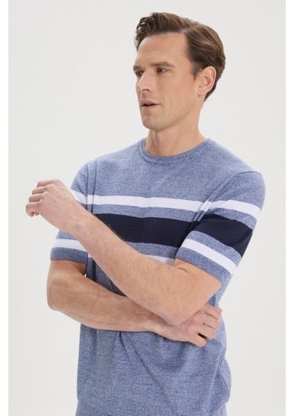 ALTINYILDIZ CLASSICS Erkek İndigo-Lacivert Standart Fit Normal Kesim %100 Pamuk Çizgili Bisiklet Yaka Triko Tişört fırsatları