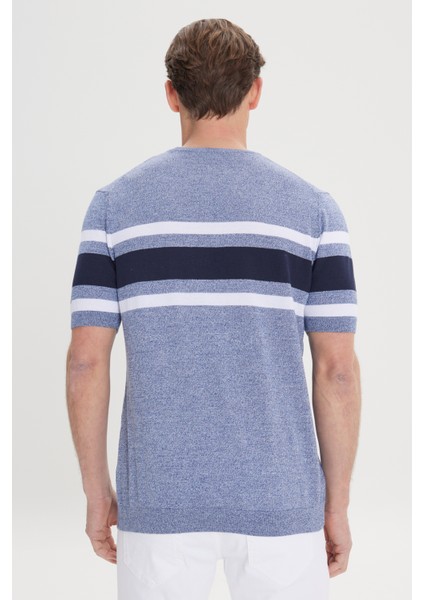 ALTINYILDIZ CLASSICS Erkek İndigo-Lacivert Standart Fit Normal Kesim %100 Pamuk Çizgili Bisiklet Yaka Triko Tişört indirimleri