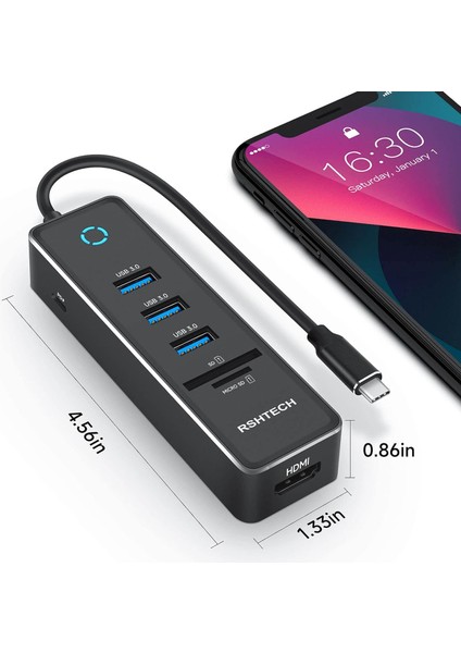 Macbook Ipad Uyumlu Alüminyum Typec 7 In 1 Hub 4K 60HZ Hdmı 3 USB 3.0 Pd 100W Sd/tf Kart