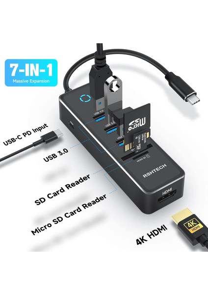 Macbook Ipad Uyumlu Alüminyum Typec 7 In 1 Hub 4K 60HZ Hdmı 3 USB 3.0 Pd 100W Sd/tf Kart