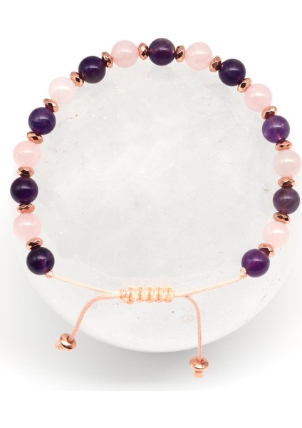 Ametist - Pembe Kuvars - Hematit Doğal Taş Makrome Örme Bileklik Küre Kesim