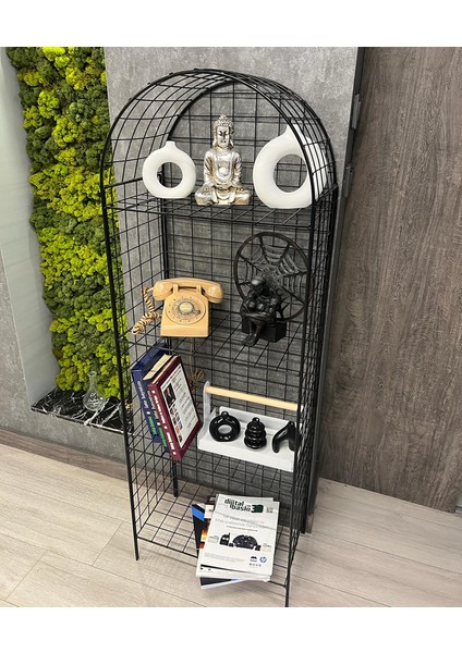Modern Dekoratif Tel Metal Kitaplık & Çiçeklik Raf - Siyah