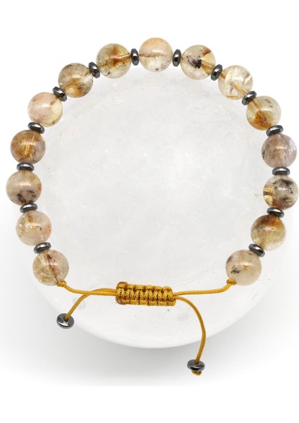 Sitrin - Hematit Doğal Taş Makrome Örme Bileklik Küre Kesim