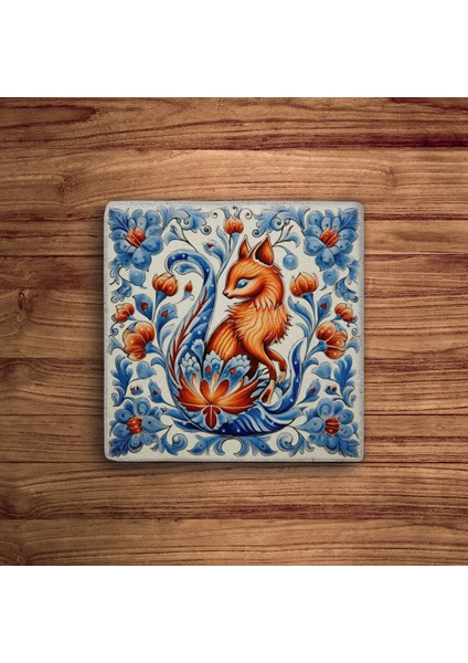 Mavi Floral Tile Desen, Tilki ve Sincap Temalı Doğal Taş Traverten Bardak Altlığı 4 Lü Set fiyatları