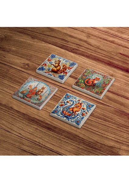 Mavi Floral Tile Desen, Tilki ve Sincap Temalı Doğal Taş Traverten Bardak Altlığı 4 Lü Set modelleri