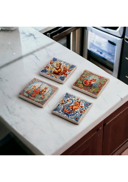 Mavi Floral Tile Desen, Tilki ve Sincap Temalı Doğal Taş Traverten Bardak Altlığı 4 Lü Set fırsatları