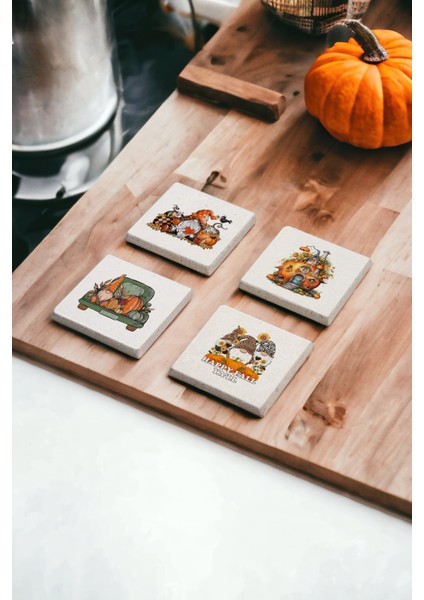 Gnomes Cüceler Pumpkin Temalı Doğal Taş Traverten Bardak Altlığı 4 Lü Set
