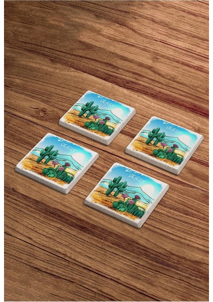 Çöl ve Kaktüs Temalı Doğal Taş Traverten Bardak Altlığı 4 Lü Set