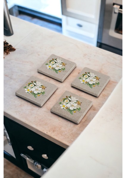 Beyaz Zambak Çiçeği Temalı Doğal Taş Traverten Bardak Altlığı 4 Lü Set
