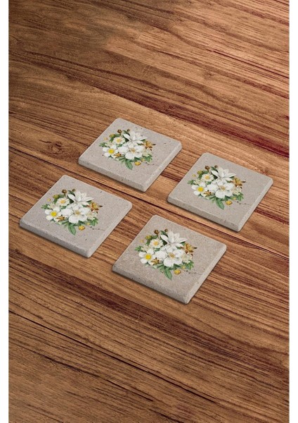 Beyaz Zambak Çiçeği Temalı Doğal Taş Traverten Bardak Altlığı 4 Lü Set fiyatları