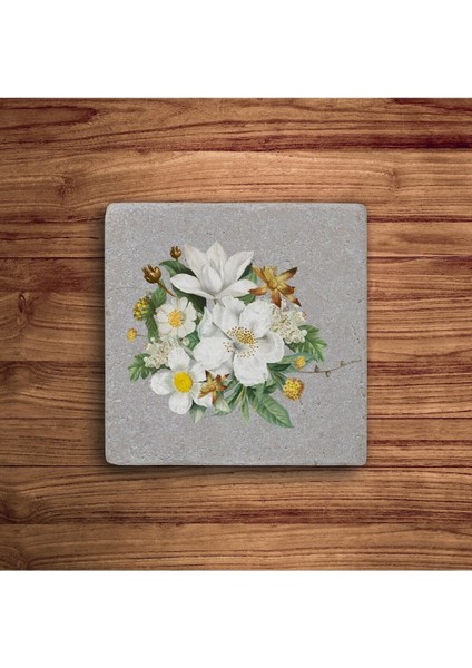 Beyaz Zambak Çiçeği Temalı Doğal Taş Traverten Bardak Altlığı 4 Lü Set modelleri