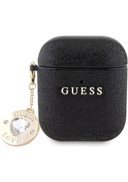 Airpod Uyumlu Kılıf Guess Orjinal Lisanslı Glitter Elmas Kalp Süs Zincirli Siyah