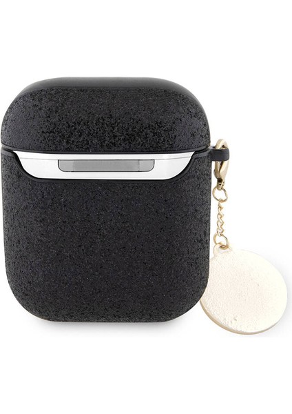 Airpod Uyumlu Kılıf Guess Orjinal Lisanslı Glitter Elmas Kalp Süs Zincirli Siyah