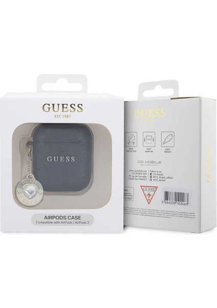 Airpod Uyumlu Kılıf Guess Orjinal Lisanslı Glitter Elmas Kalp Süs Zincirli Siyah