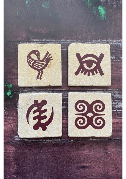 Adinkra Sembolleri Doğal Taş Traverten Bardak Altlığı 4 Lü Set