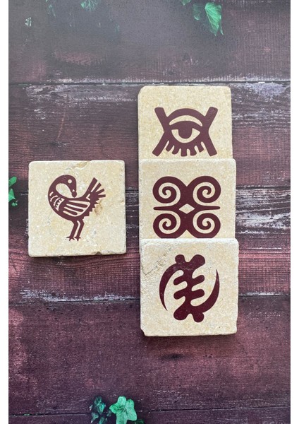 Adinkra Sembolleri Doğal Taş Traverten Bardak Altlığı 4 Lü Set