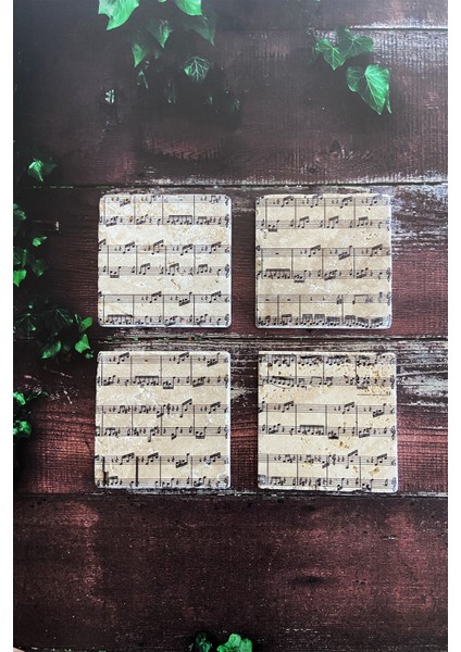 Müzik Notalar Desenli Doğal Taş Traverten Bardak Altlığı 4 Lü Set