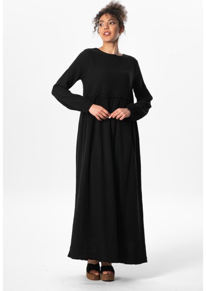 Uzun Kol Oylum Robalı Uzun Yazlık Müslin Elbise Siyah Syh