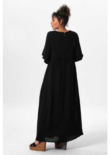 Uzun Kol Oylum Robalı Uzun Yazlık Müslin Elbise Siyah Syh fiyatları