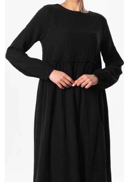 Uzun Kol Oylum Robalı Uzun Yazlık Müslin Elbise Siyah Syh modelleri