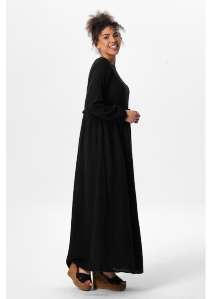 Uzun Kol Oylum Robalı Uzun Yazlık Müslin Elbise Siyah Syh fırsatları