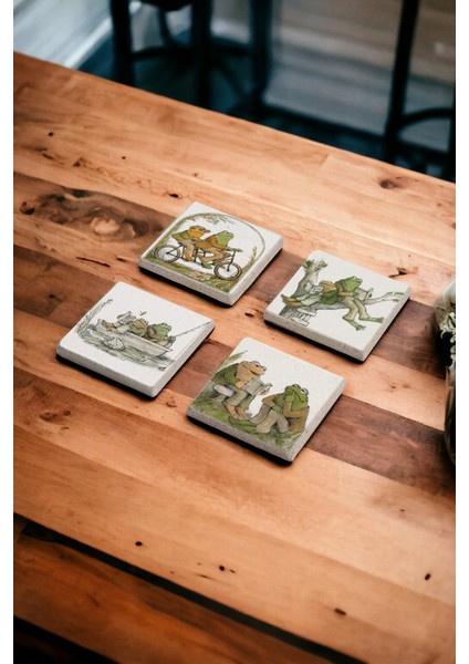 Frog And Toad, Kurbağa Temalı Doğal Taş Traverten Bardak Altlığı 4 Lü Set