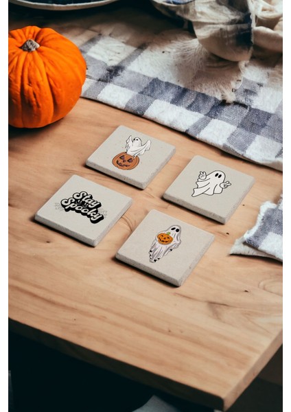 Halloween Spooky Ghost Temalı Doğal Taş Traverten Bardak Altlığı 4 Lü Set